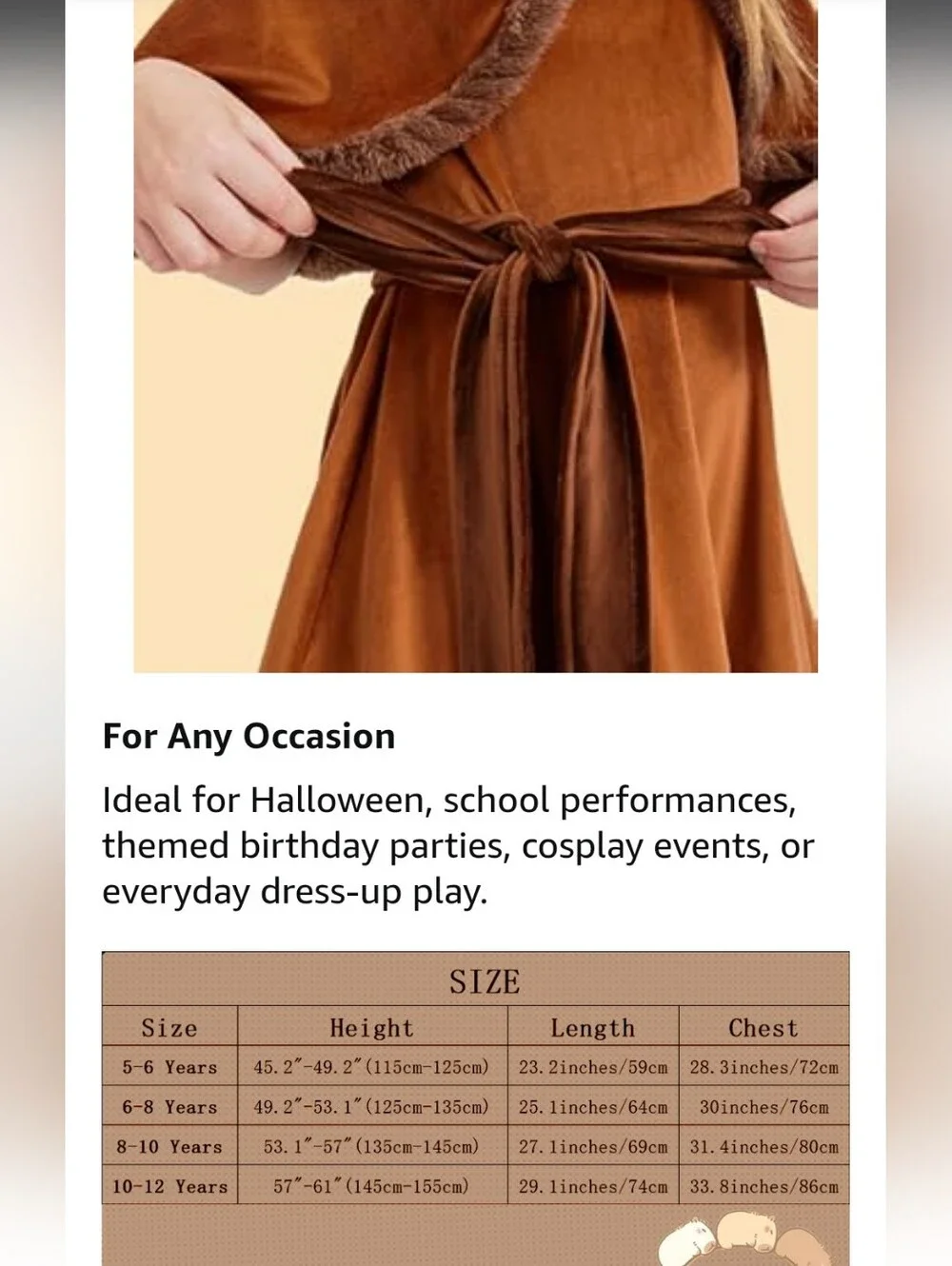Capybara Girls Costume Size 8-10 Years